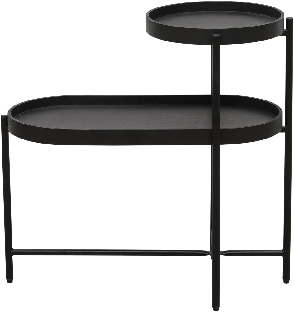 Modern 2 Tier End Table,Round and Oval Side Tables for Living Room Small Spaces,Metal Frame,Wood Tray,Rustic Snack Accent Table,Black