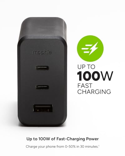 Mophie GaN 100W USB C Charger Block - 3-Port Fast Charger for MacBook, iPad, iPhone, Samsung Galaxy, Google Pixel, Laptops - with 1.5m/5ft Cable, Dual USB-C PD Ports, Black image 4