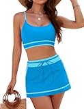 Blooming Jelly Women's High Waisted Bikini Sets Sporty Two Piece Bathing Suits Full Coverage Swim Skirt(Large,Blue)