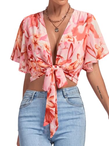 Image of LYANER Women's Tie Front Sexy Crop Tops | Wrap Deep V Neck Ruffle Bell Short Sleeve Y2k Cropped Blouse Shirts