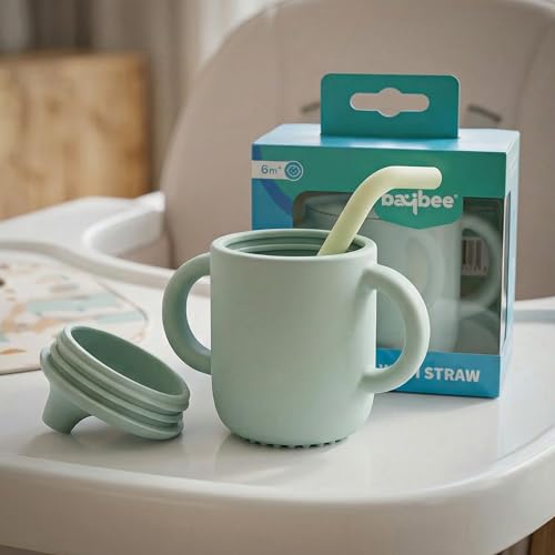 Image of BAYBEE Baby BPA-Free Silicone Sipper Cup for Kids Drinking Training Anti Spill Sippy Cup /Glass with Soft Silicone Straw & Lid for Baby, Non-Slip Twin Handles Spout Cup for Infants 6+ Months (Green)