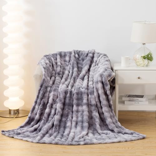 DJDEA Fleece Throw Blanket, Thick Warm Bubble Blankets, Faux Fur Fluffy Bed Blanket for Bed Sofa Bedroom Living Room, Bed Warm Throws (Grey, 127x178CM)