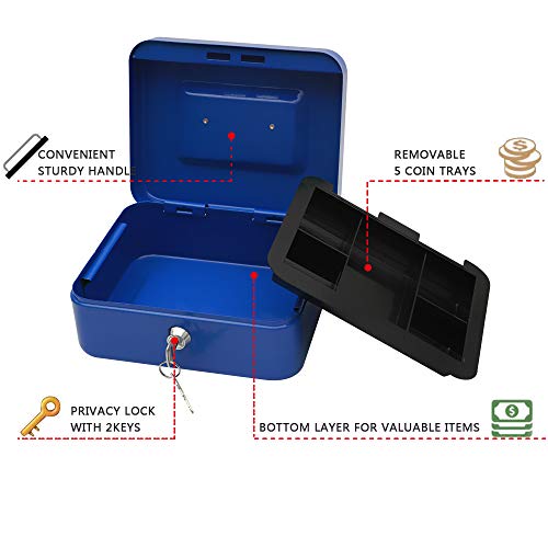 Image of KYODOLED Cash Box with Money Tray,Storage Safe Lock Box with Key,Cash Drawer,7.87 inchx 6.30 inchx 3.54 inch Blue Medium