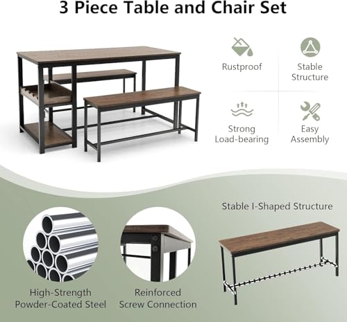 طقم طاولة طعام مع مقعدين، طاولة طعام للمطبخ موفرة للمساحة مزودة برف مشروبات وحامل كؤوس ورف تخزين، أثاث عصري ريفي للفطار مناسب للمساحات الصغيرة، طقم من 3 قطع، لون بني (Coffee)