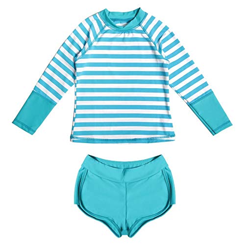 Maillot de bain deux-pièces fille confortable 8-9 ans rayé turquoise taille 128/134