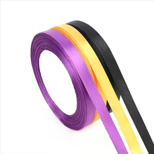 Halloween Ribbon Set for Holiday Decorations Satin Ribbon for Gift Wrapping 3 Rolls 25 Yds Each in Black Purple Orange Ribbons for Crafts Gift Wrapping Halloween Decorations Hair Bouquet Wedding DIY