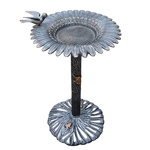 Image of Oakland Living 5065AP Antique Pewter Sunflower Design Aluminum Birdbath, Silver
