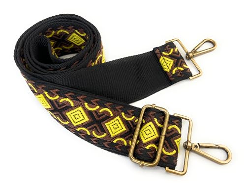 Image of Black Yellow Boho Diamond Purse Strap with Bronze Hardware 2 Inch Wide Replacement Crossbody Guitar Style Shoulder Strap for Handbags Totes