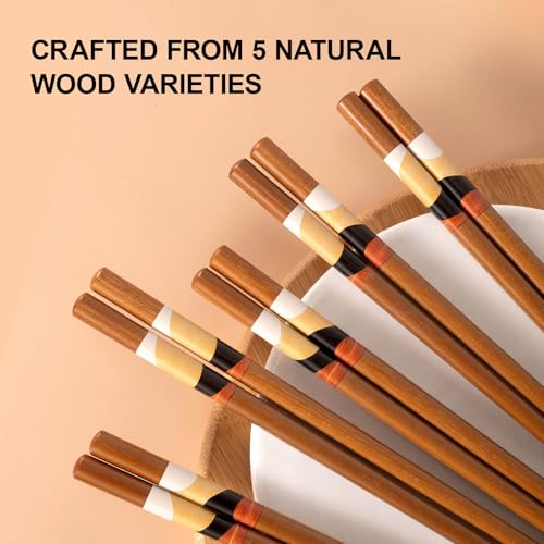 Image of MFJUNS Natural Wood Chopsticks 5 Pairs Set, Chinese Style Vintage Pattern Reusable Chopsticks, 9.5 Inch Non Slip Solid Wood Chop Sticks, No Paint No Wax, for Sushi Ramen Hot Pot Kitchen Daily Dining