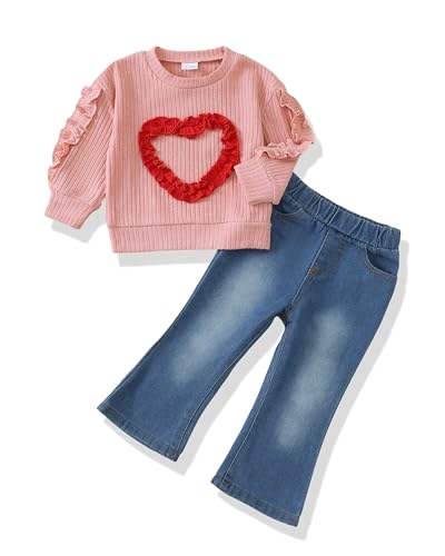 Toddler Baby Girl Clothes Kids Outfits Ruffle Heart Sweatshirt Jeans Denim Pants Set Little Girls Clothing