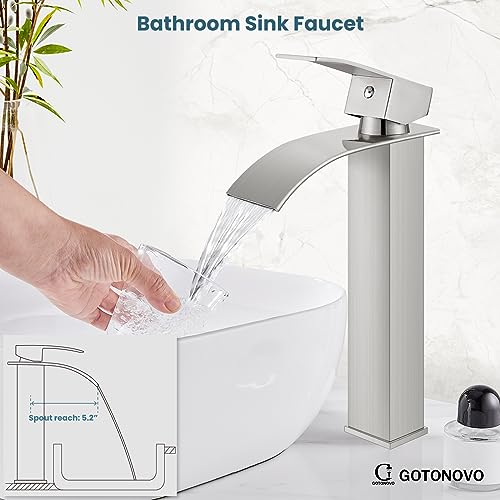 Vessel Sink Faucet Tall Large Waterfall Spout Deck Mount Bathroom Brushed Nickel Stainless Steel 304 Bowl Basin Single Hole Single Handle Mixer Tap With Supply Line #TOP1