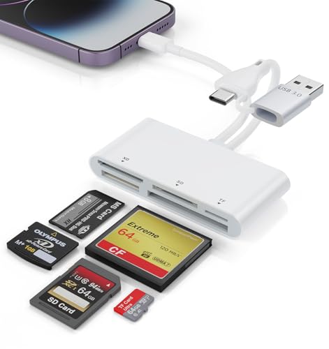 XD/CF/MS/SD/TF Cards Reader for iPhone/USB-C/, Multi Memory Cards Reader with 5 Slots Read Simultaneously, Type C-Lightnin-USB A Connector to iPhone 16/15/14iPad/Android/MacBook/PC for Photographer