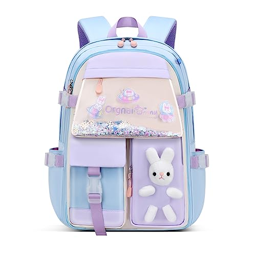 Bansusu Kawaii Bunny Primary Girls Backpacks Elementary School Bags Bookbags with Refrigerator Front Pocket Blue-Large