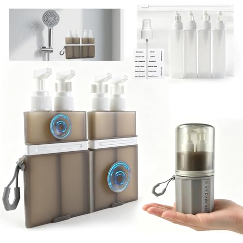 MORMID 4 in 1 Travel Dispenser，Unbreakable Silicone Travel Dispenser Bottle, Vacuum Suction Wall Mounted Refillable Containers,Leakproof Toiletry Containers for Shampoo, Lotion, Baby Care-Grey.
