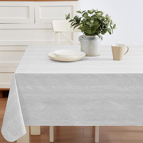 Newbridge Silvery White Moire Wavy Solid Vinyl Flannel Backed Tablecloth, 52 x 52 Inch Square, Heavyweight Indoor Outdoor Waterproof Table Cover, Easy Care Wipe Clean