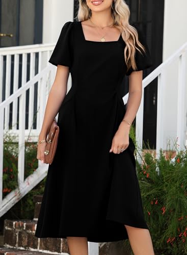 Image of Happy Sailed Women's Summer Short Sleeve Square Neck Ruched Waist Flowy A Line Midi Cocktail Party Dress
