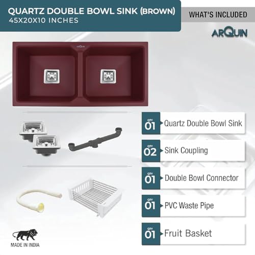 Image of ARQUIN Double Bowl Quartz Kitchen Sink 45x20x9 Inch Brown | Durable & Scratch-Resistant Sink | Undermount,Topmount | Including Coupling,Sink Connector,Waste Pipe & Fruit Washing Basket