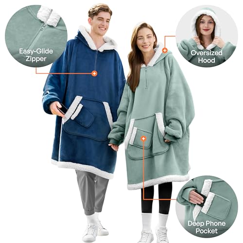 Giggling Getup Wearable Blanket Hoodie for Women Men Gifts for Women Mom Wife Sherpa Fleece Hooded Blanket Sweatshirt Cozy Sherpa Wearable Throw with Pocket & Sleeves for Adult Standard Sage Green