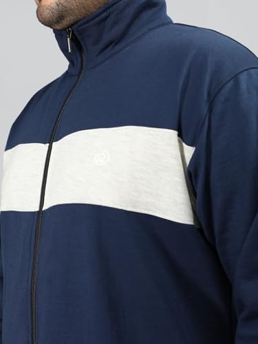Image of CHKOKKO Mens Plus Size High Neck Winter Tracksuit Full Zip Jacket with Elastic Waist Lower Warm Soft Jogging Suit Activewear Set for Gym Running and Casual Wear NavyEcru L
