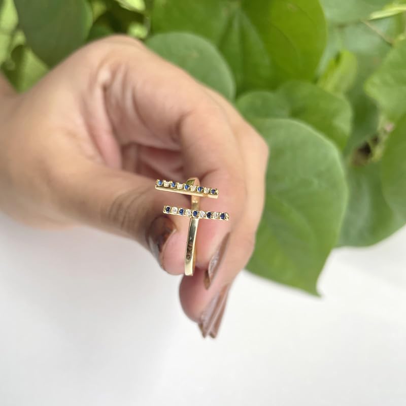Miniatura 5 de Alternate Blue Sapphire & White Diamond Open T Bar Ring For Women, 14k Yellow Gold Finish Blue Sapphire Open Bar Ring, Stackable Double Bar Ring