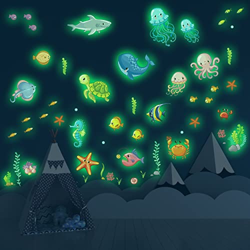 Glow in The Dark Cute Ocean Wall Decals, Under The Sea Life Fish Animals Stickers for Nursery, Removable Living Room Bedroom Bathroom Decoration