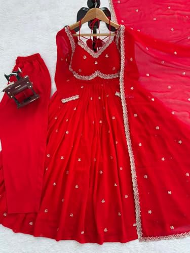 Image of Dresser Women's Georgette Anarkali Flare Kurta Set (DR-DR1001, Red)