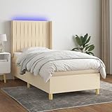 Frdhee Polsterbett Schrankbett,Boxspringbett mit Matratze & LED Creme 90x190 cm Stoff,Bodenbett für Arbeitszimmer,Einfache Montage