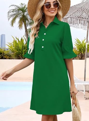 Image of Womens Summer Shirt Dress 2026 Casual Ruffle Short Sleeve Button Down Flowy Swing Shift Mini Dresses with Pockets