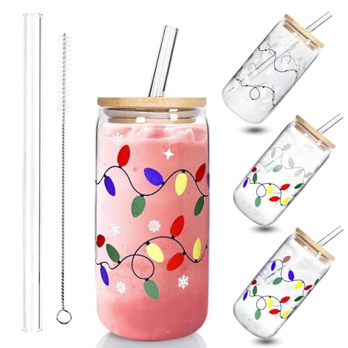 Genérico Color Changing Christmas Cup, Reusable Glass Tumbler with Straw & Lid, Iced Coffee Cup for Cold Drinks, Festive Xmas Party Decoration Gift (600ml)
