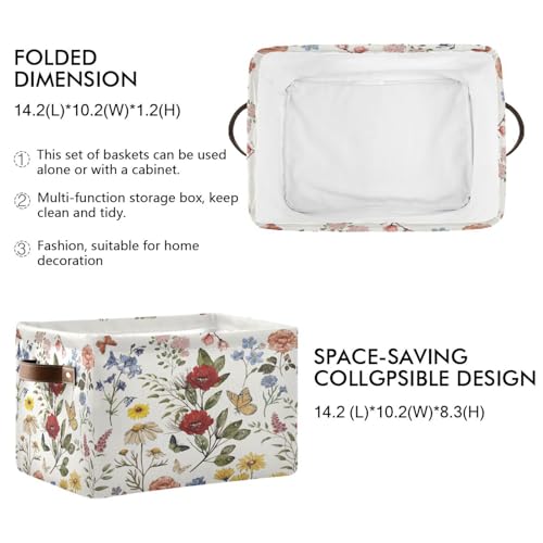 Image of Vintage Floral Storage Basket Bin for Shelves Closet Butterfly Rose Foldable Fabric Storage Box Cube with Handles Kids Gift Toy Shelf Basket Organizer for Bedroom Nursery Home Decor