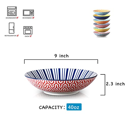 Selamica Porcelain 40Oz Large Bowls 9 Inch Big Pasta Salad Bowls, Microwave And Oven Safe, Assorted Colors, Set Of 6 #TOP1