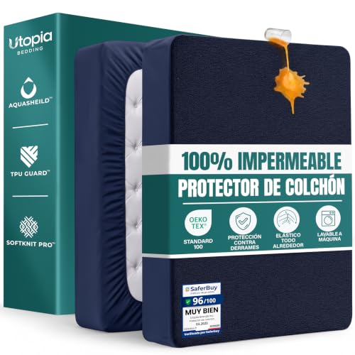 Utopia Bedding Protector Colchón 135 x 190 x 40 cm Impermeable, Certificación Oeko-Tex Funda Colchón, Cubre Colchón Transpirable, Elástico En Todo El Contorno Azul Marino