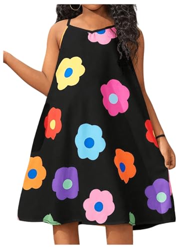 OYOANGLE Girl's Cute Color Block Flower Print Cami Dress Swing Flowy Short Sundress