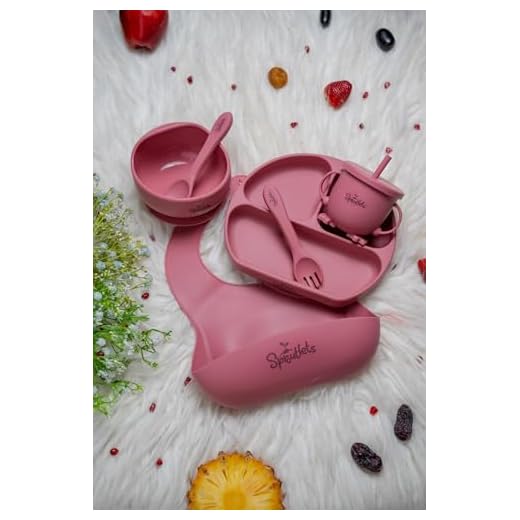 Sproutlets Silicone Feeding Set, 6-Piece Baby Led Weaning Set - Suction Plate, Bear Bowl, Cup, Spoon, Fork and Bib - BPA Free (Wine Red)