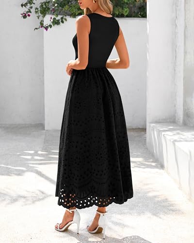 Image of dowerme Women Summer Dresses 2026 Casual Sleeveless Crewneck A-Line Boho Lace Eyelet Cotton Tank Maxi Dress with Pockets