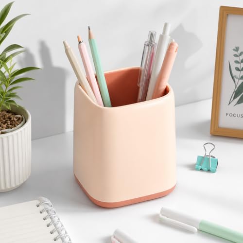 Image of AccuPrints motivational Pen Stand holder Size: 4 x 2.75 inch | Desk Organizer Pen Pencil Holder for Office and Home Decor (Pink Square)
