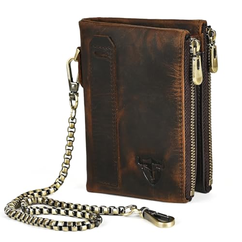 Oil Wax Genuine Leather Travel Gift Coin Pocket Card Case Vertical Chain Rfid Wallet Purse With Snap For Men Male 1802 (Brown)