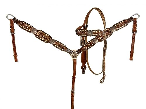 Showman Tooled Leather Headstall & Breast Collar Set w/Buckstitch Trim