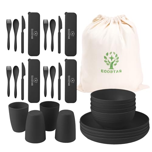 ECOSTAR Wheat Straw Dinnerware Sets - 28-Piece Unbreakable Dinnerware Set, Microwave and Dishwasher Safe - Utensil Sets, Plate and Bowl Sets for Party, Picnic, Camping, Dorm (Black)