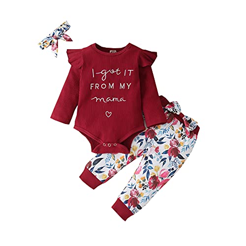 Kleinkind Baby Mädchen Rüschen gerippter Brief Strampler Playsuit + Blumenhose Stirnband 3er Outfit, 100, Weinrot, 18-24 Monate Cover