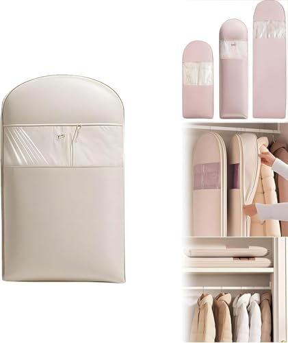 Space Saving Hanging Garment Bag with Self Compression Zipper, 2025 Upgrade Space Saving Hanging Bag, Self Compression Zip Garment Bags with Transparent Window (Beige, M)