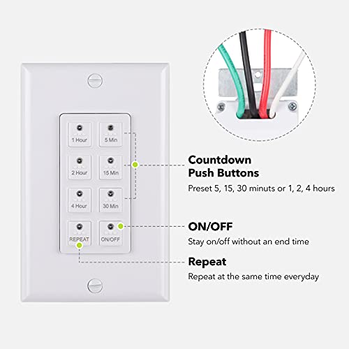 Bn-Link Countdown Digital In-Wall Timer Switch With Push Button 5-15-30-60Mins, 2-4Hours,For Bathroom Fan,In-Wall Light Timer, Neutral Required, Free Wall Plate, White #TOP1