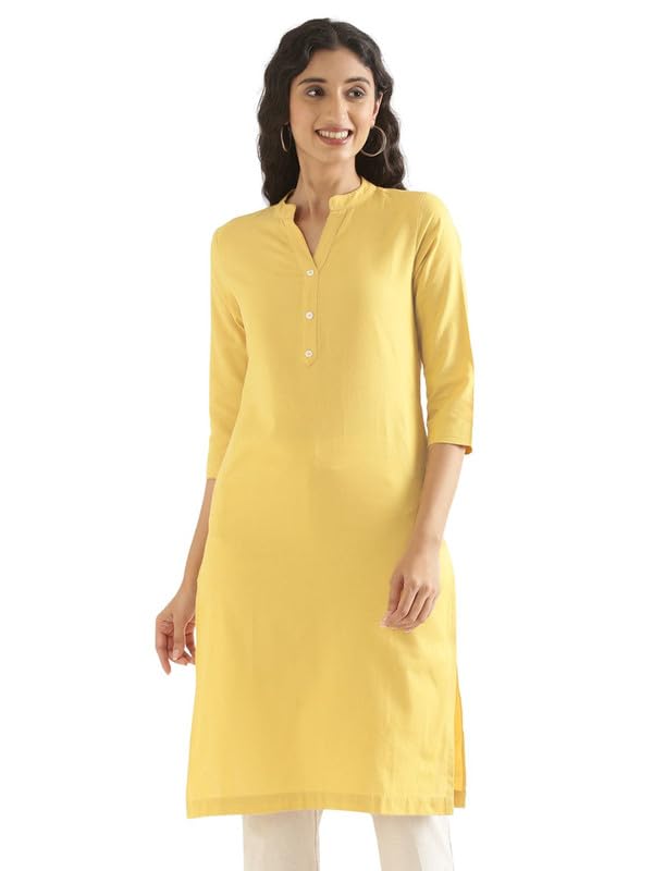 Image of SAADAA Women Airy Linen Long Kurta | Mandarin Collar 3 /4th Sleeve Kurta | Regular Fit Ethnic Wear for Women | Casual, Festive & Office Wear