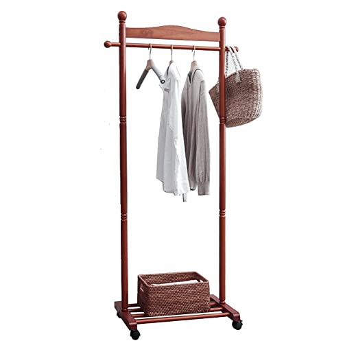 Perchero de madera con ruedas, resistente, barra única, estante para ropa y zapatos, para dormitorio, acabado de nogal, 74 x 38 x 165 cm