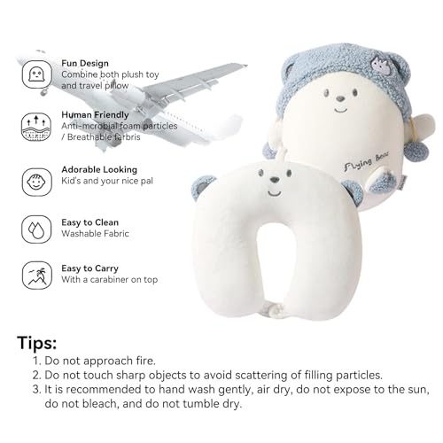 Image of Kids Travel Pillow - 2-in-1 Deformable Kids Neck Pillow for Traveling, Soft U-Shaped Pillow with Adorable Animal Design, Comfy Sleep and Play, Ideal for Airplanes and Cars - Blue Bear