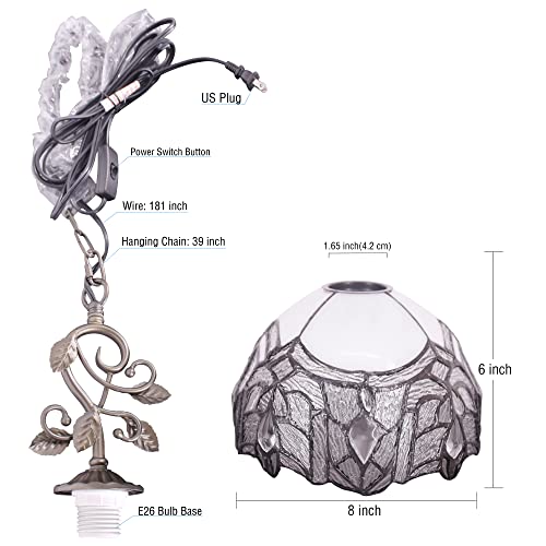 Rhlamps Tiffany Plug-In Pendant Lighting, 8" White Stained Glass Crystal Shade Hanging Lamp, Farmhouse Rustic Bronze Thin Metal Leaf Chandelier, Luxury Ceiling Light Fixture For Kitchen Dining Room #TOP1