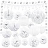 YSUVIN Weiß Pompons Deko, 20 Stück Weihnachtsdeko Deko Set mit Papier Lampions Pompoms Papierfächer Wimpelkette Runde Papiergirlande für Geburtstag Babyshower Party und Hochzeit Deko