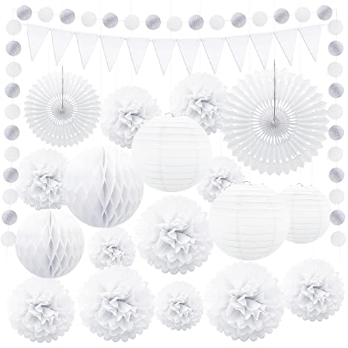 YSUVIN Weiß Pompons Deko, 20 Stück Weihnachtsdeko Deko Set mit Papier Lampions Pompoms Papierfächer Wimpelkette Runde Papiergirlande für Geburtstag Babyshower Party und Hochzeit Deko Cover