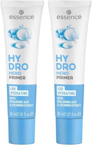 essence HYDRO HERO PRIMER, Grundierung, weiss, pflegend, langanhaltend, grundierend, erfrischend, glättend, natürlich, vegan, ölfrei, entspricht unserem CLEAN BEAUTY Standard (30ml) (Packung mit 2)