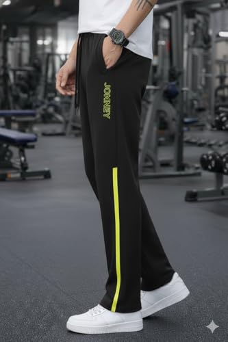 Image of Mack Jonney Men's Track Pants with Neon Yellow Side Stripe | Regular Fit Gym & Sports Lower | Activewear Training Joggers with Drawstring-M7961